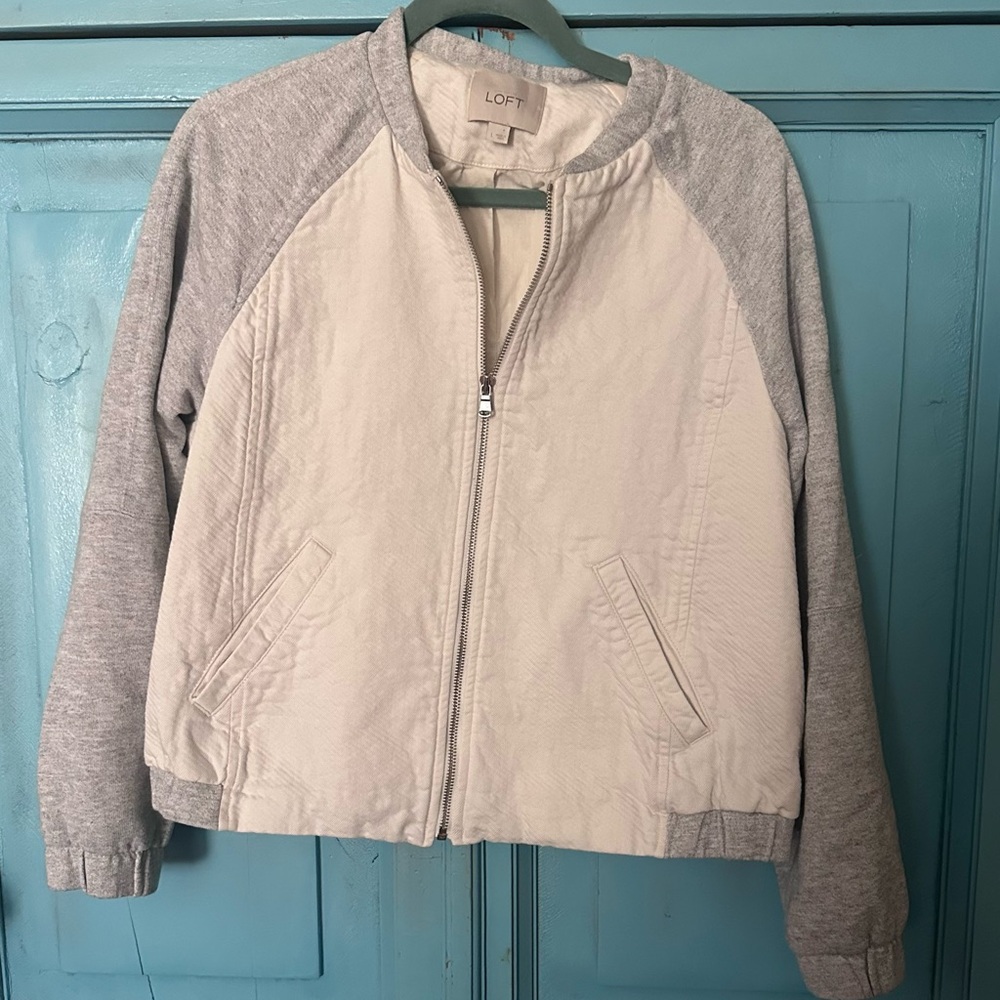 LOFT Cream Body with Light Gray Sleeve Bomber Jacket